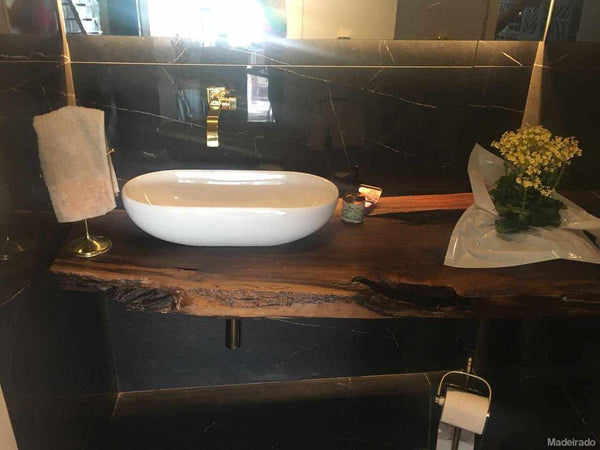 Bancada Tininá Rústica de Madeira Maciça Para Lavabo - Borda orgânica - (100 x 50)-Madeirado - Mesa de Madeira Rustica