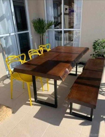 CONJUNTO CUTIA DE MESA RUSTICA (180 X 90) E BANCO (180 X 45) DE MADEIRA MACIÇA 